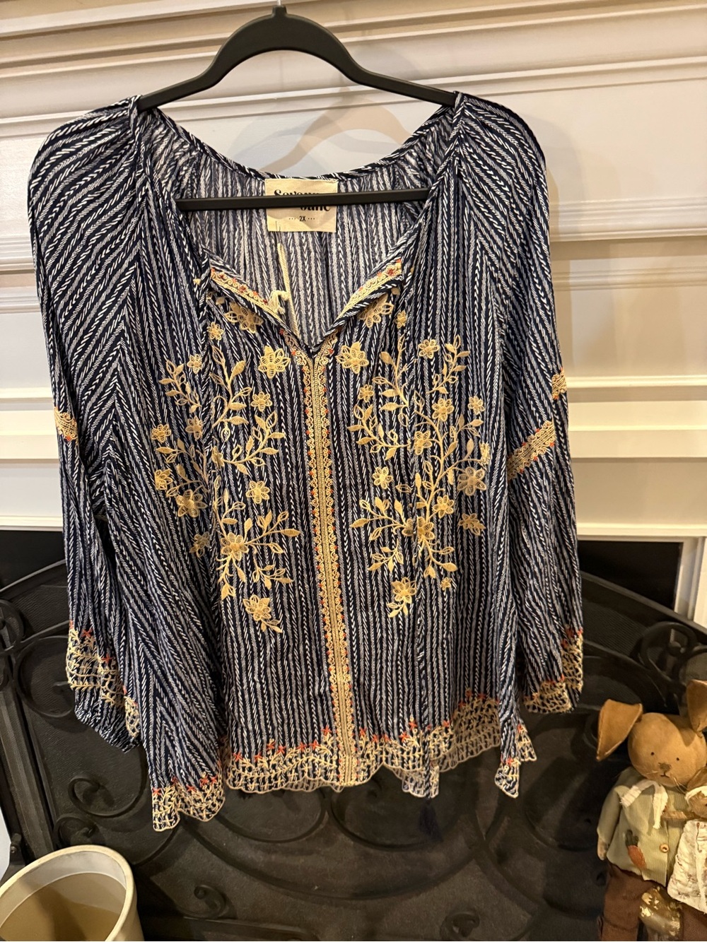 Savanna Jane Navy Blouse with Cream Floral Embroidery